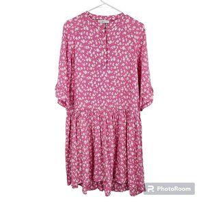 Boii Babydoll Dress Pink White Floral Scandinavian Henley Neck 3/4 Sleeve Size S